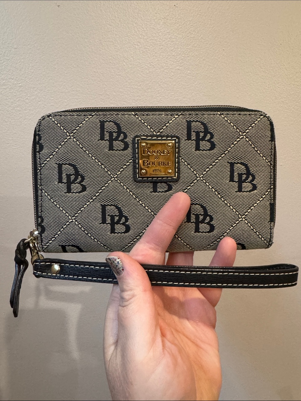 Dooney & Bourke Beige and Black Monogram Zip Wristlet